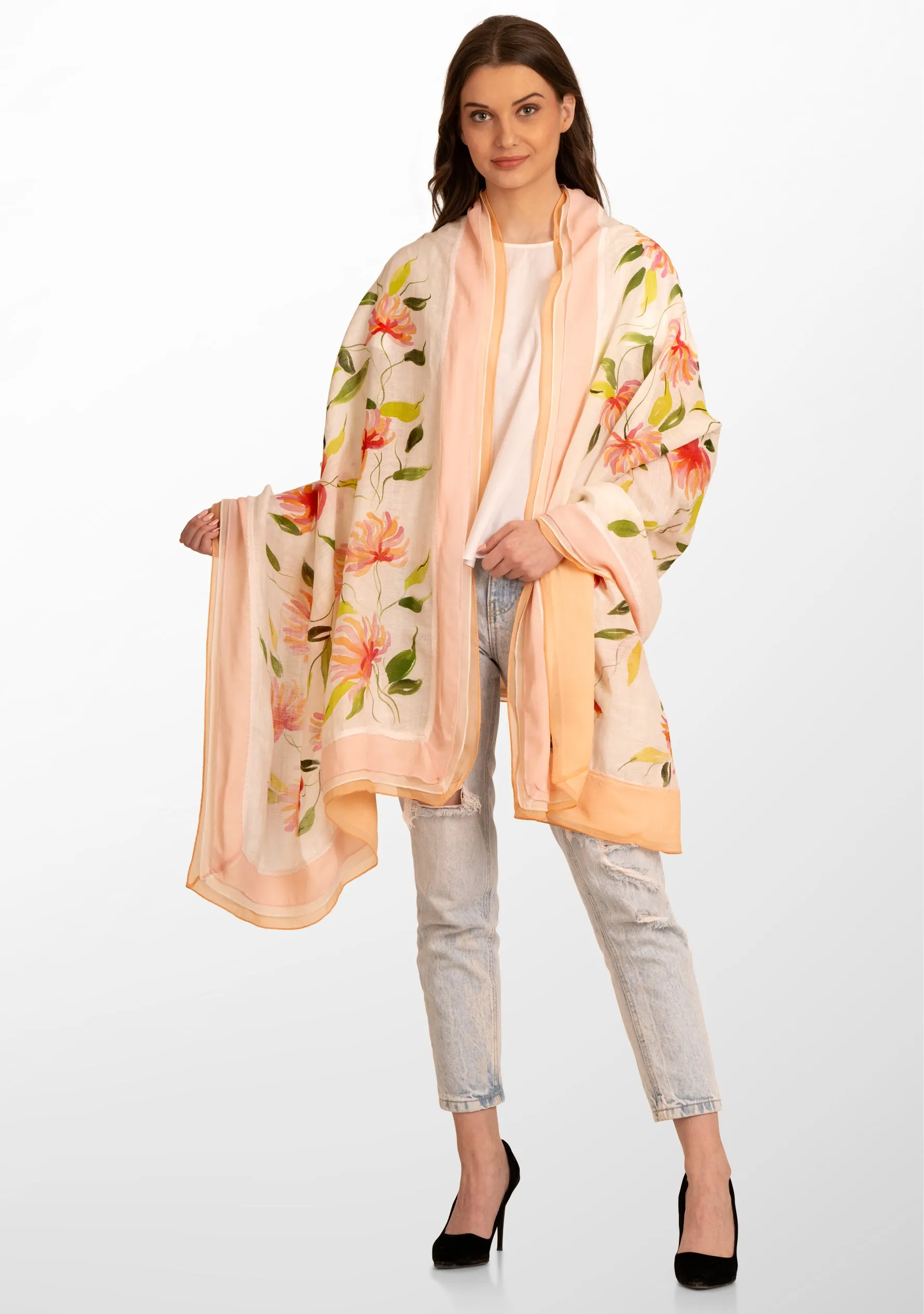 Ivory Linen and Modal Scarf with Hand-Painted Full Bloom Design and a Multicolor Frill and Ivory Lace Border