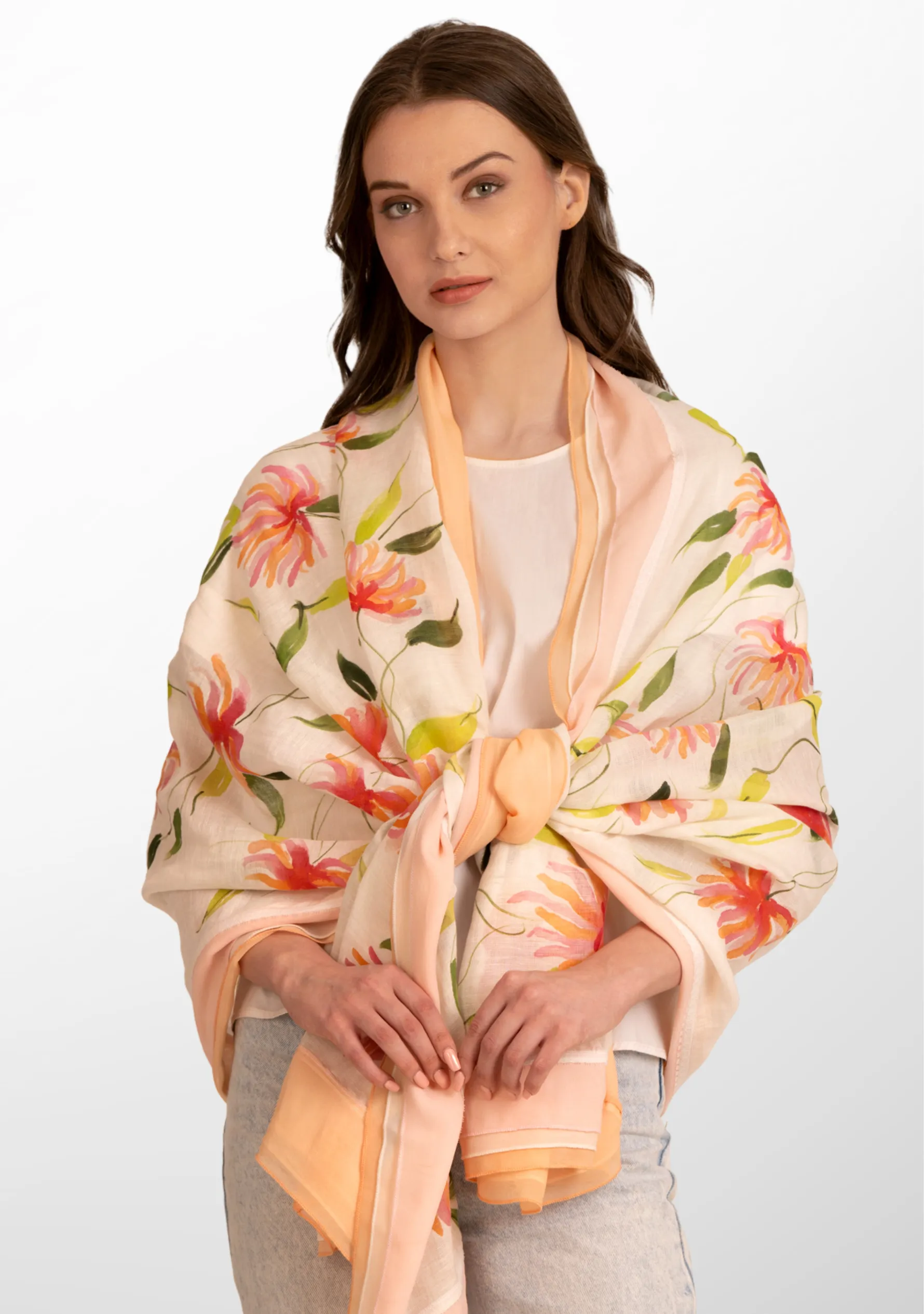 Ivory Linen and Modal Scarf with Hand-Painted Full Bloom Design and a Multicolor Frill and Ivory Lace Border