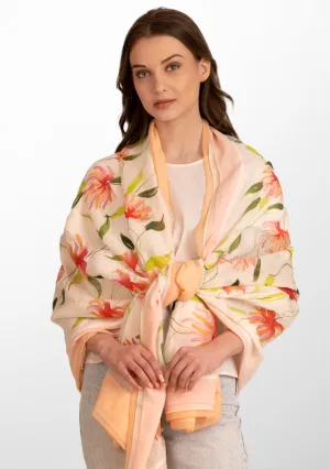 Ivory Linen and Modal Scarf with Hand-Painted Full Bloom Design and a Multicolor Frill and Ivory Lace Border