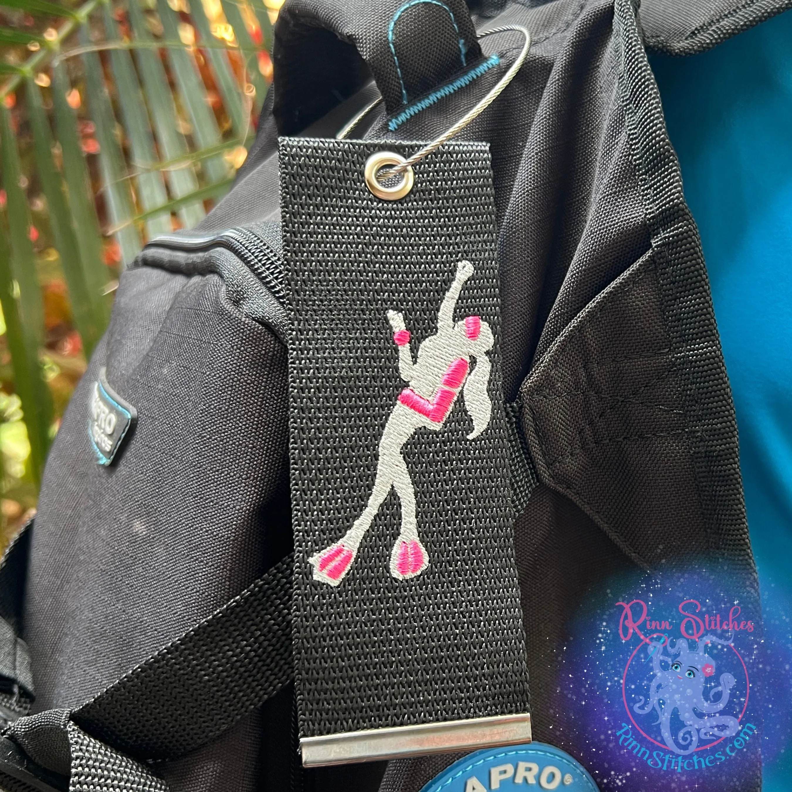 Lady Scuba Diver Luggage Tag, Personalized Embroidered Bag Tag