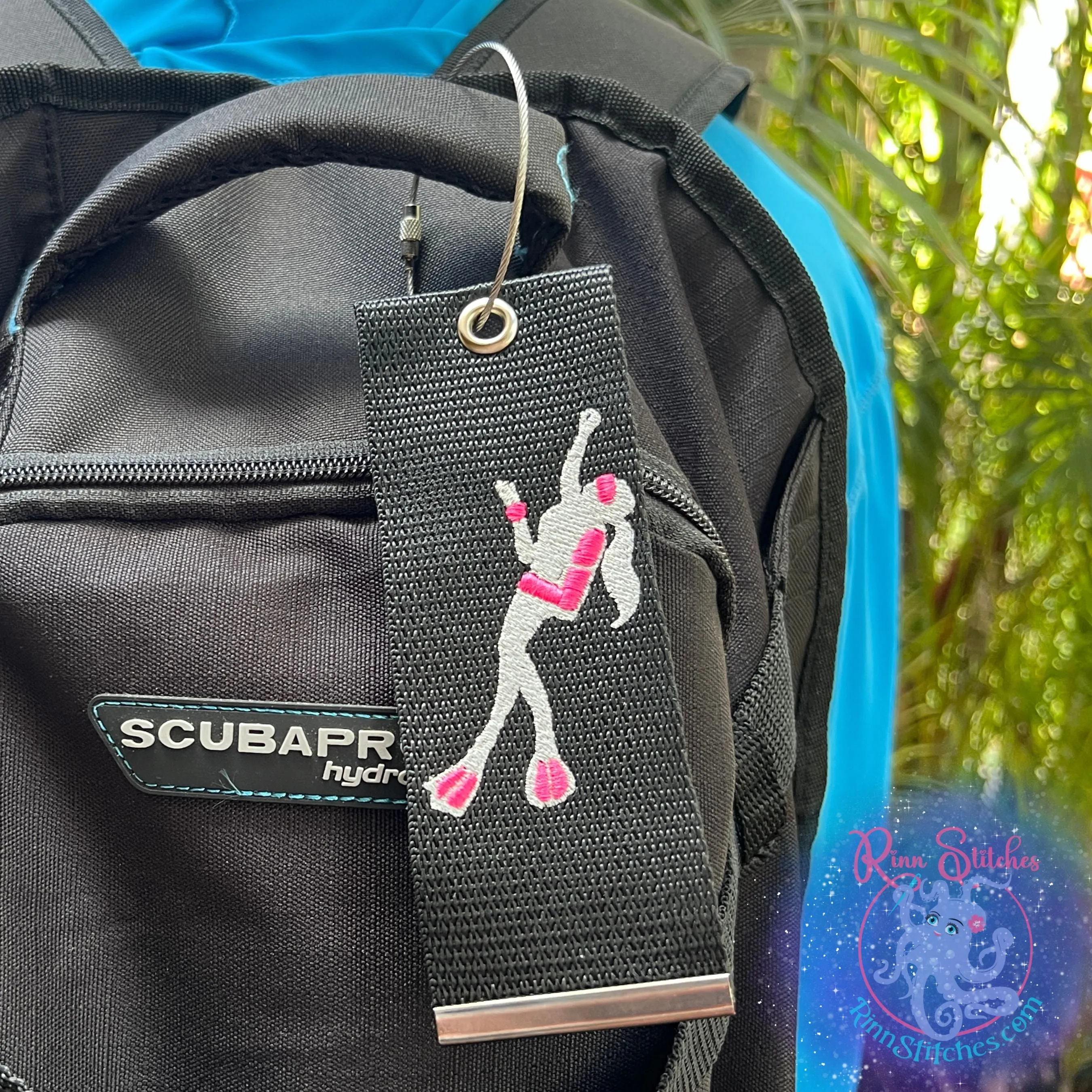 Lady Scuba Diver Luggage Tag, Personalized Embroidered Bag Tag