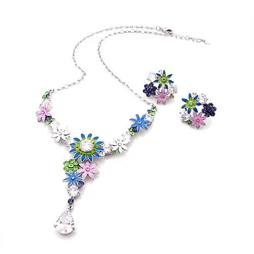 LUX Daisy Swarovski Rhinestone Enamel Necklace Earrings Set Silver