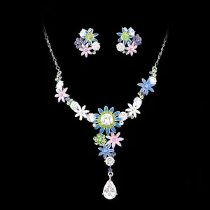 LUX Daisy Swarovski Rhinestone Enamel Necklace Earrings Set Silver