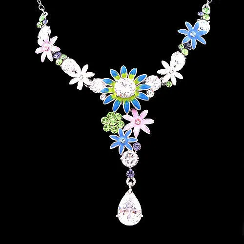 LUX Daisy Swarovski Rhinestone Enamel Necklace Earrings Set Silver