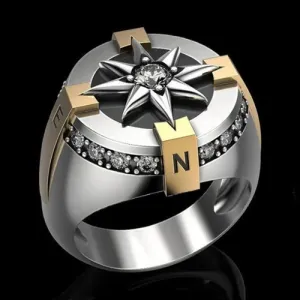 Luxury Business Men Rings Compass with Cubic Zirconia Crystal Rings for Men Anniversary Gift Party Birthday Jewelry Aesthetic