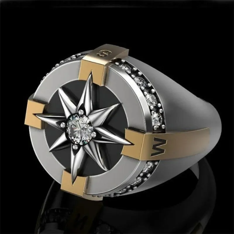 Luxury Business Men Rings Compass with Cubic Zirconia Crystal Rings for Men Anniversary Gift Party Birthday Jewelry Aesthetic