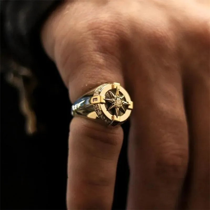 Luxury Business Men Rings Compass with Cubic Zirconia Crystal Rings for Men Anniversary Gift Party Birthday Jewelry Aesthetic
