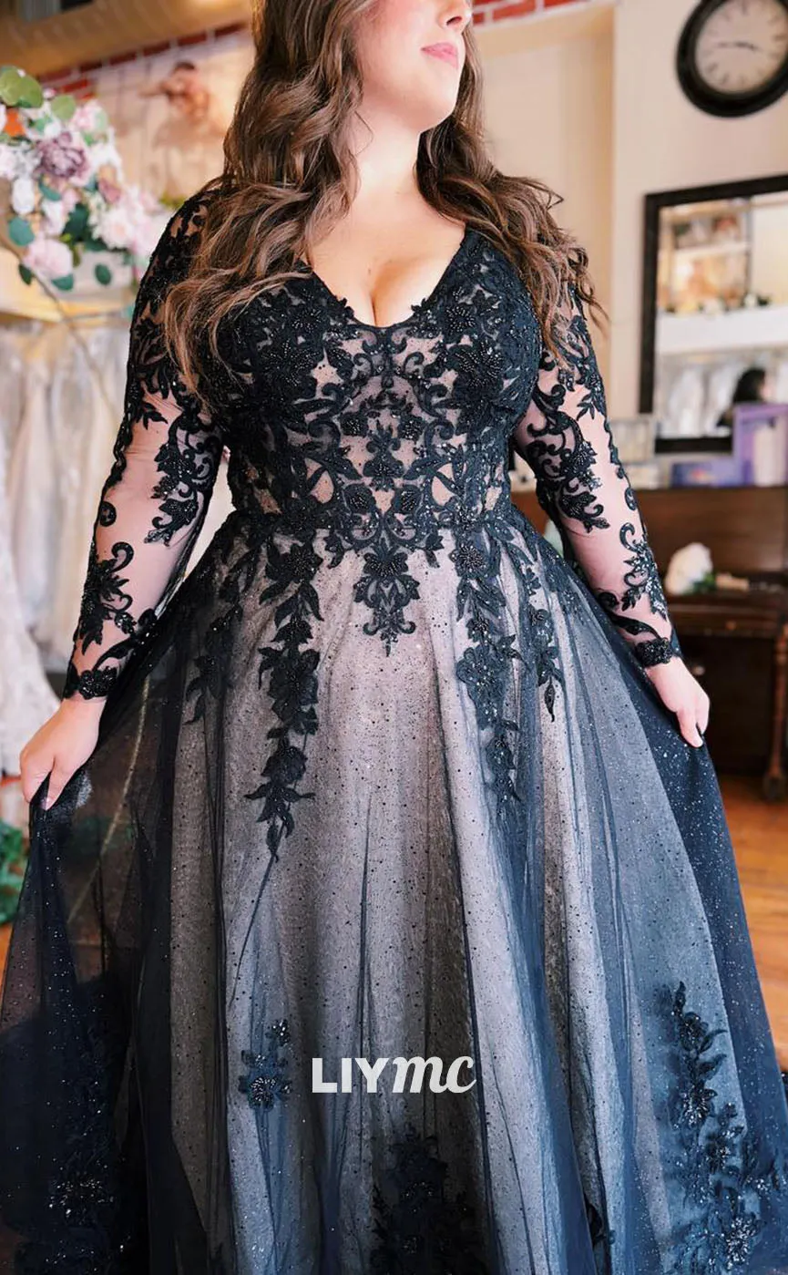 LW058 - A Line V Neck Long Sleeves Appliqued Lace Satin Long Wedding Dress