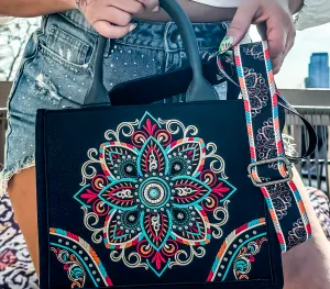 Mandala Carry Everywhere Purse Black Satchel Tote with Strap
