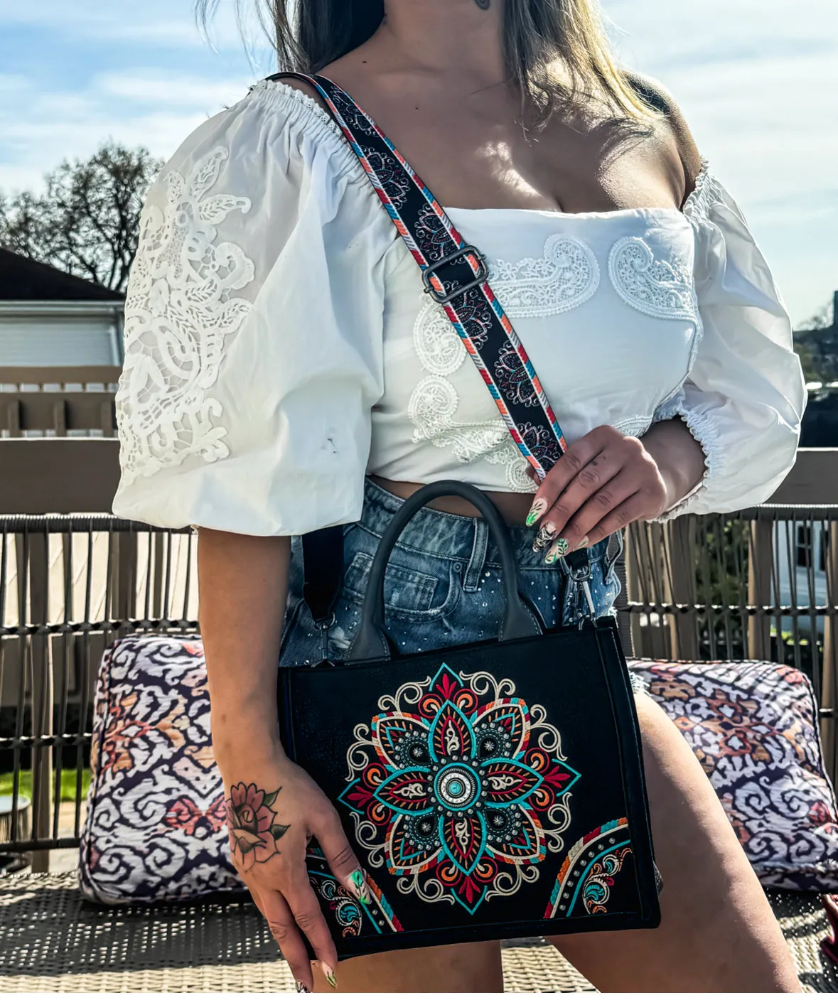 Mandala Carry Everywhere Purse Black Satchel Tote with Strap