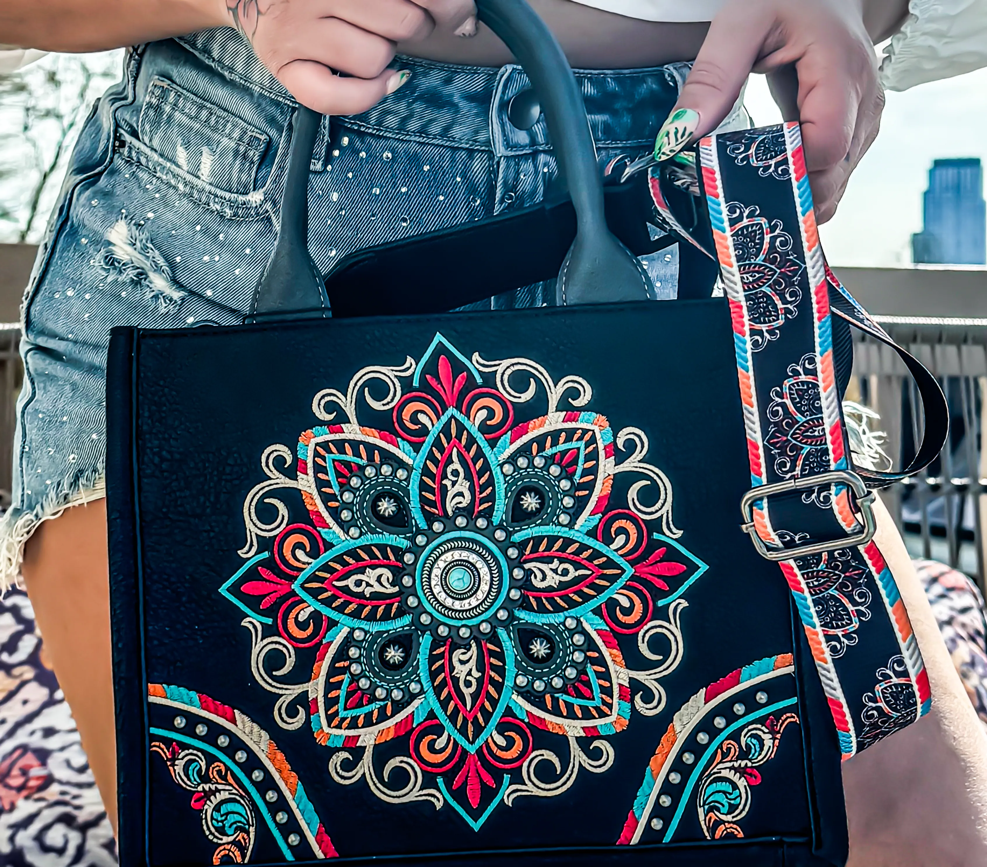 Mandala Carry Everywhere Purse Black Satchel Tote with Strap