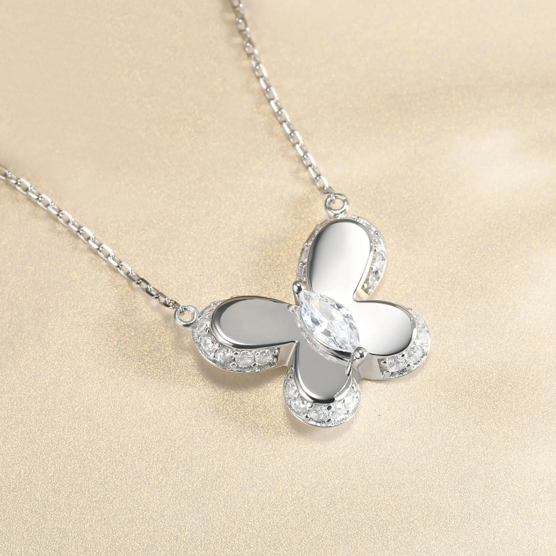 Marquise Shape Zircon Polished Butterfly Pendant Sterling Silver Necklace