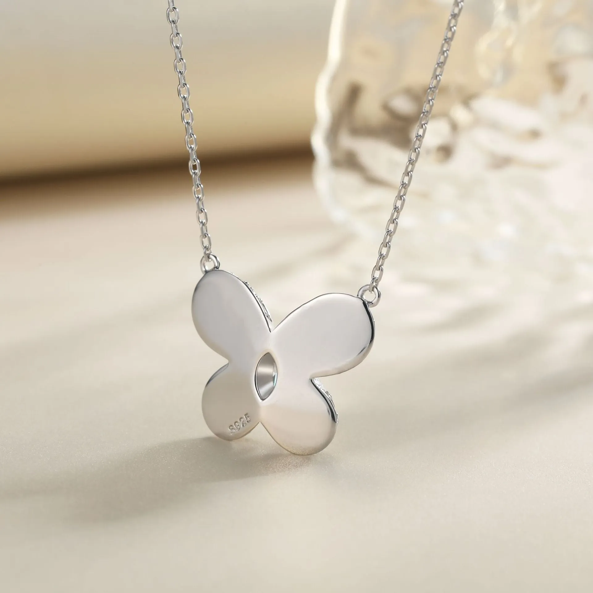 Marquise Shape Zircon Polished Butterfly Pendant Sterling Silver Necklace