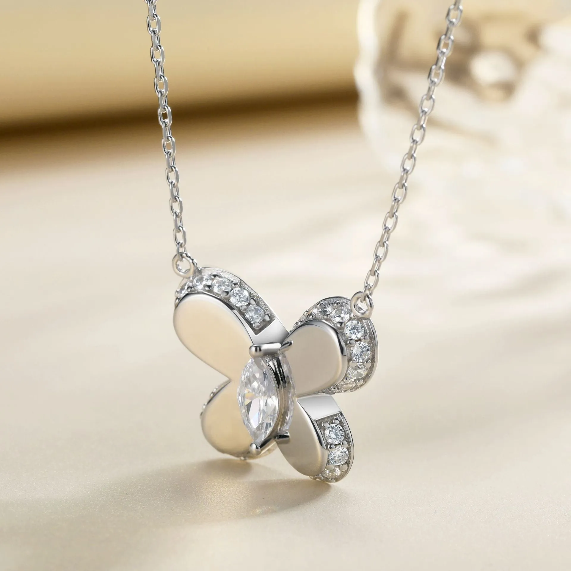 Marquise Shape Zircon Polished Butterfly Pendant Sterling Silver Necklace