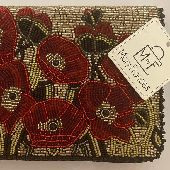Mary Frances Poppies Red Special Flower Magnet Handbag Beaded Bag Purse Beige NEW