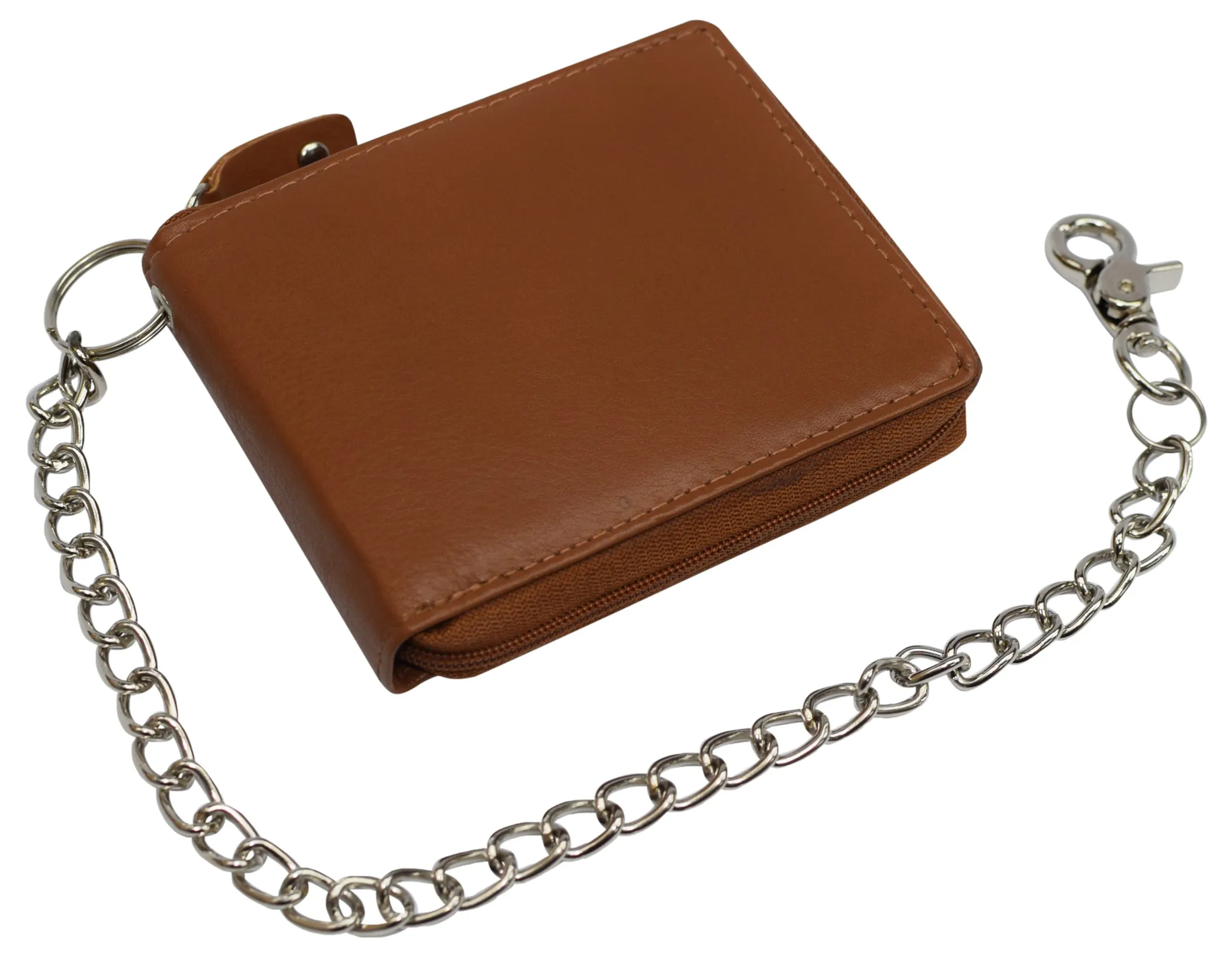 Men Biker Trucker Cow Leather Zip around Bi-fold RFID Chain Wallet Western Style Khaki/Tan Chain Wallet