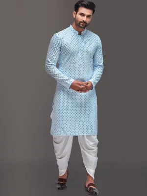 Men Sky Blue Kurta with Superb Threadwork and Sequence
