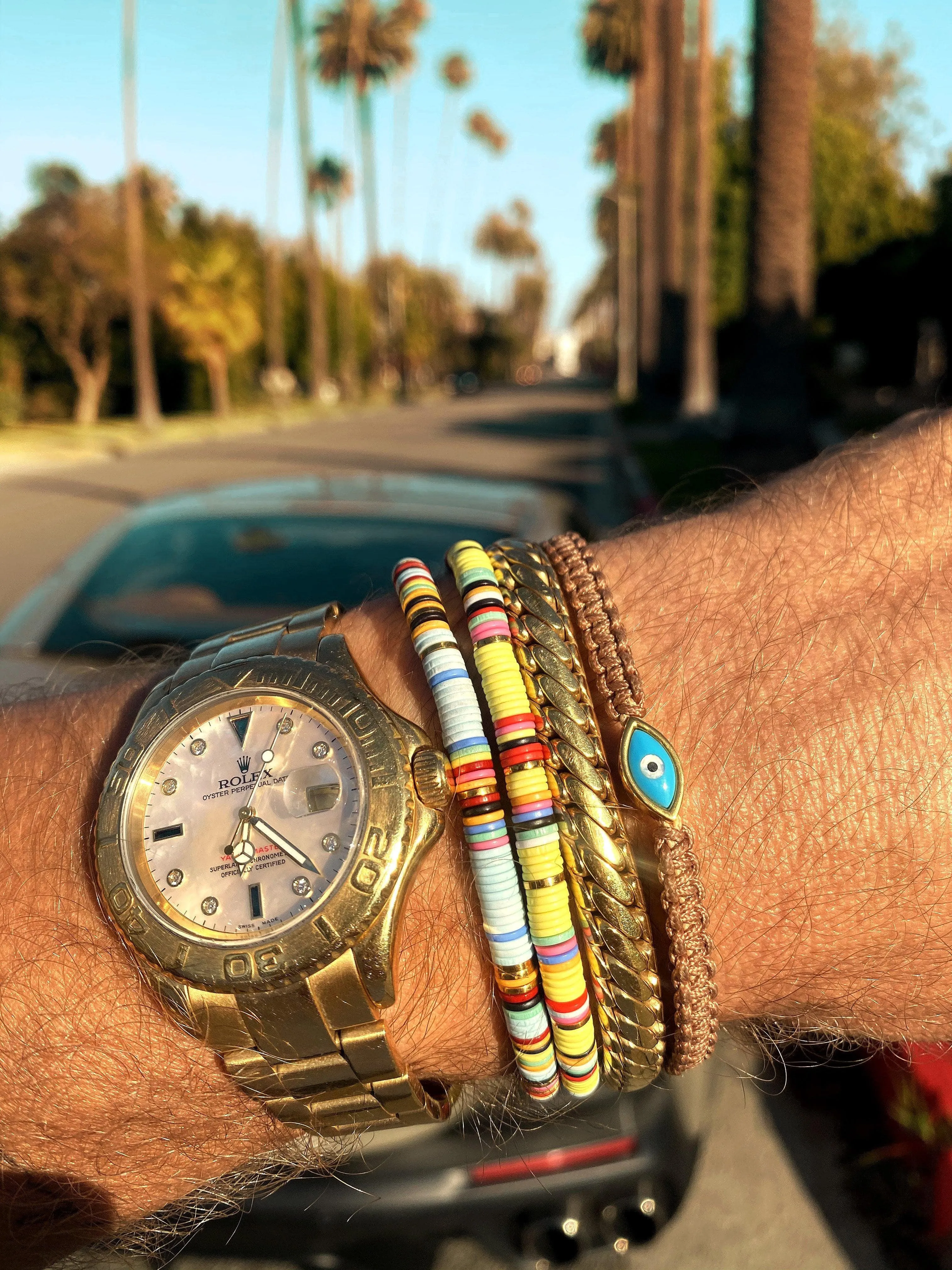 Men's Beaded Bracelet with Light Blue Disc Beads and Gold