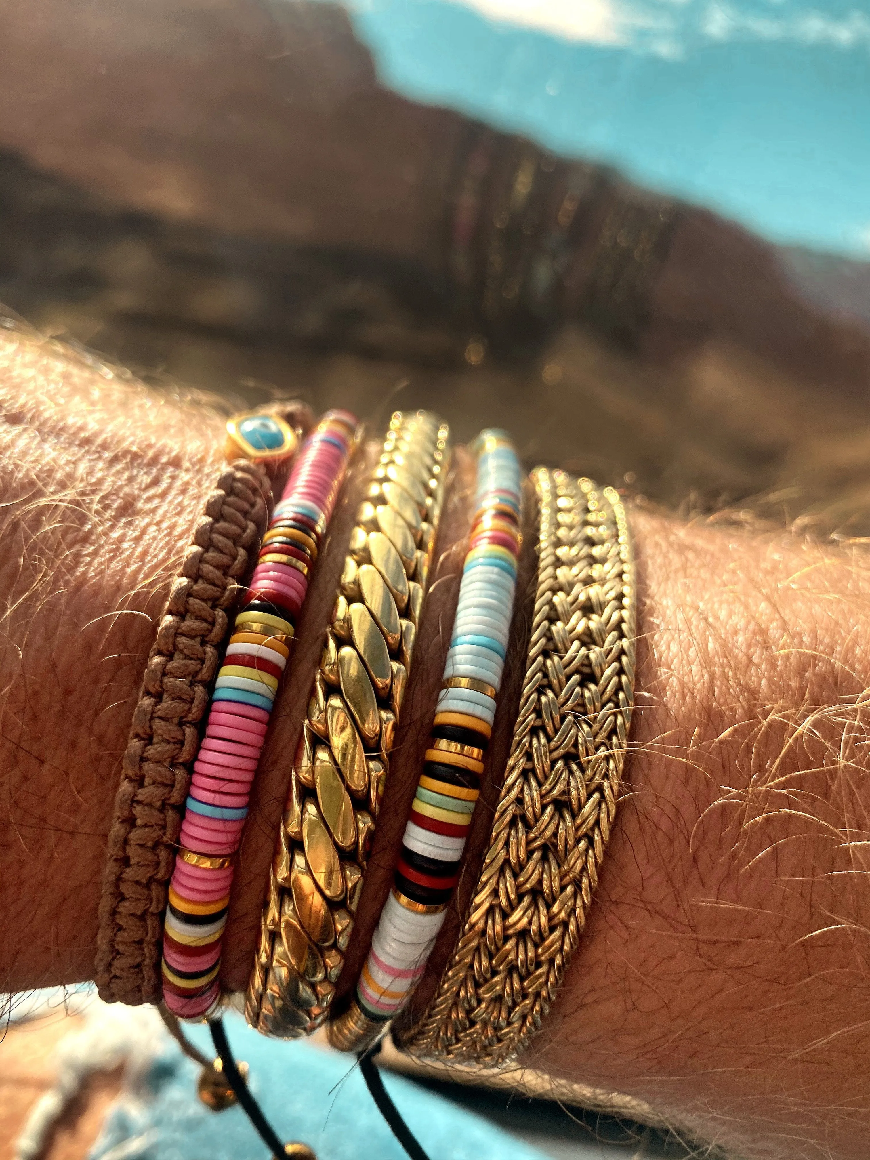 Men's Beaded Bracelet with Light Blue Disc Beads and Gold