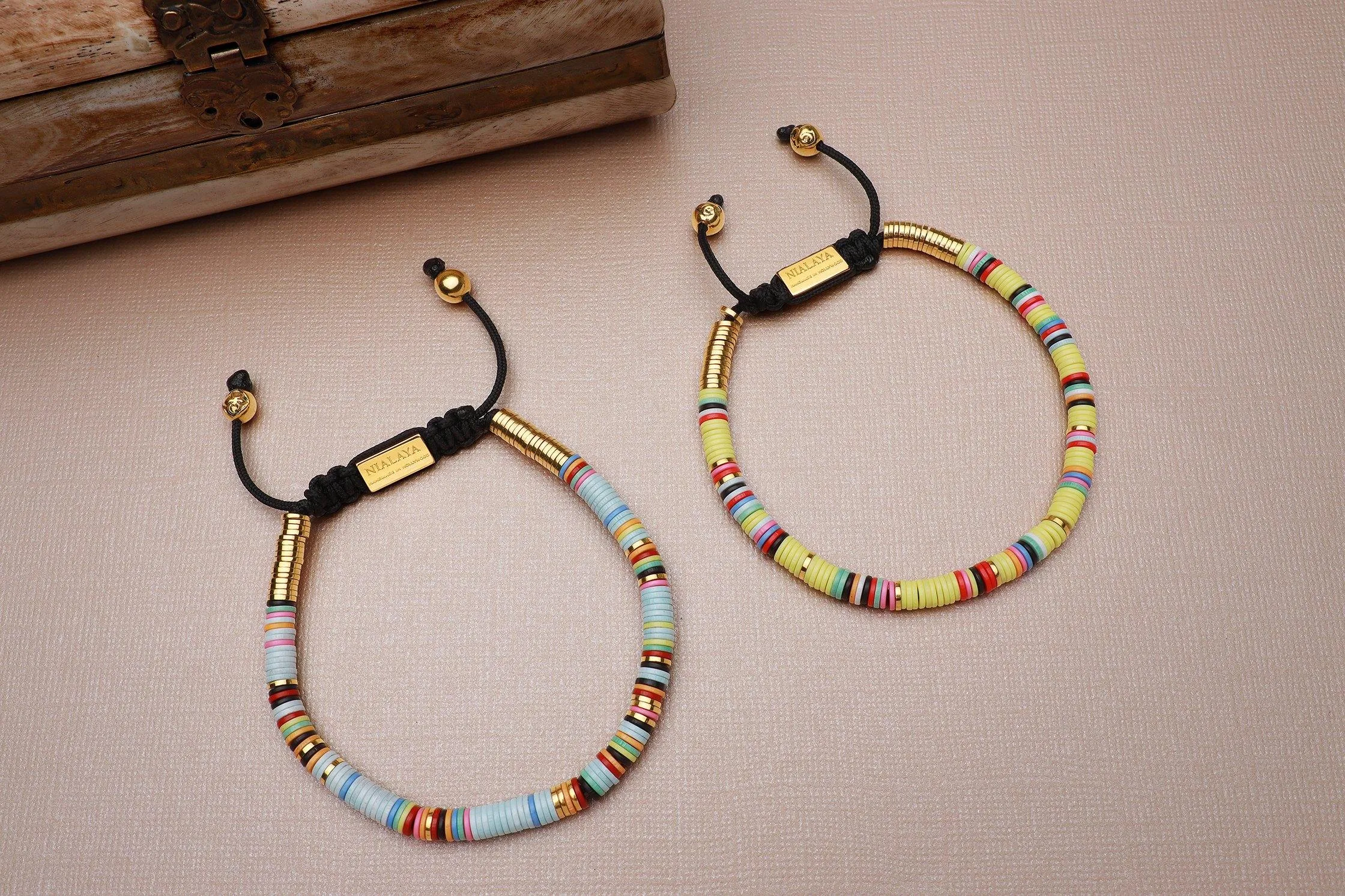 Men's Beaded Bracelet with Light Blue Disc Beads and Gold