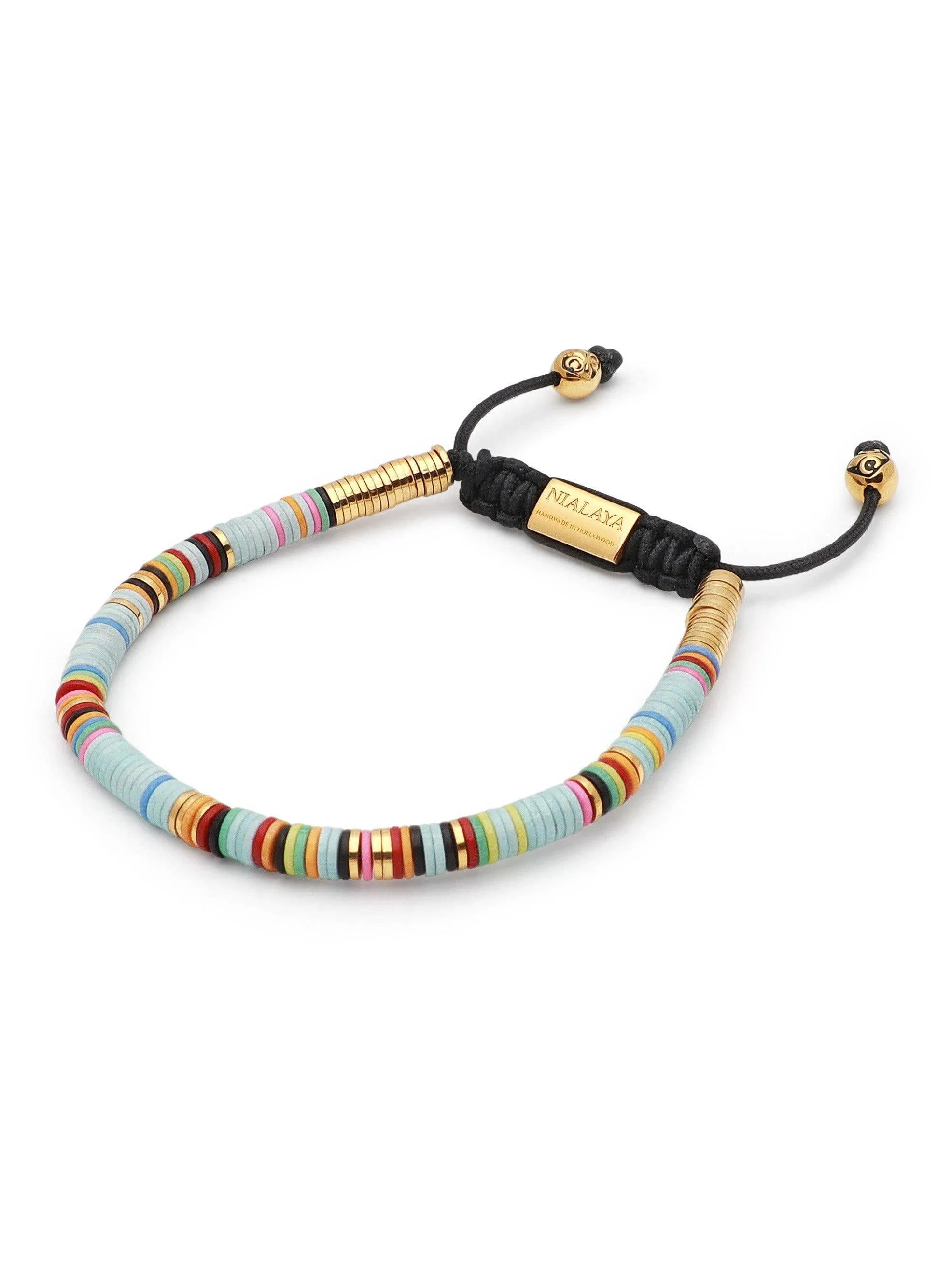 Men's Beaded Bracelet with Light Blue Disc Beads and Gold