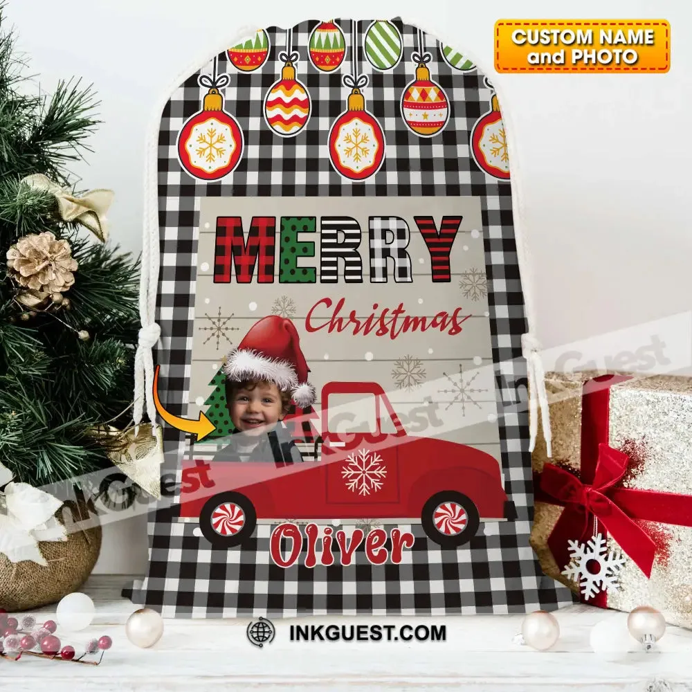Merry Christmas Car Custom Photo And Name, Personalized String Bag, Christmas Gift