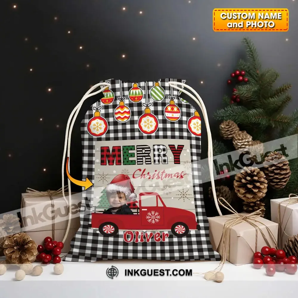 Merry Christmas Car Custom Photo And Name, Personalized String Bag, Christmas Gift
