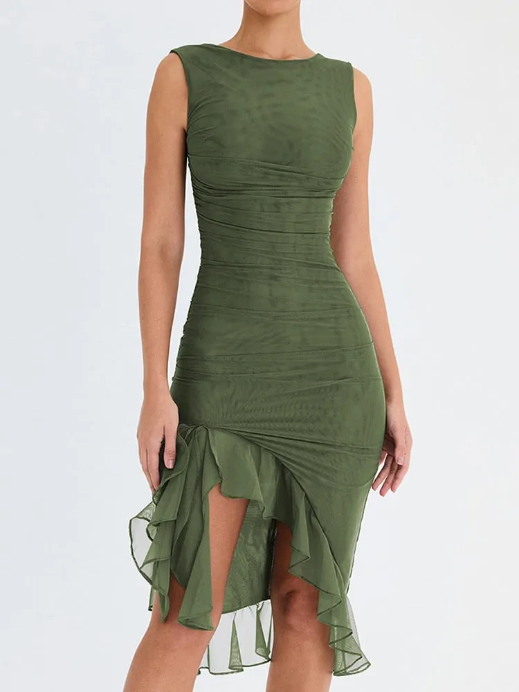 Mesh Ruffle Stylish Sleeveless Midi Dress