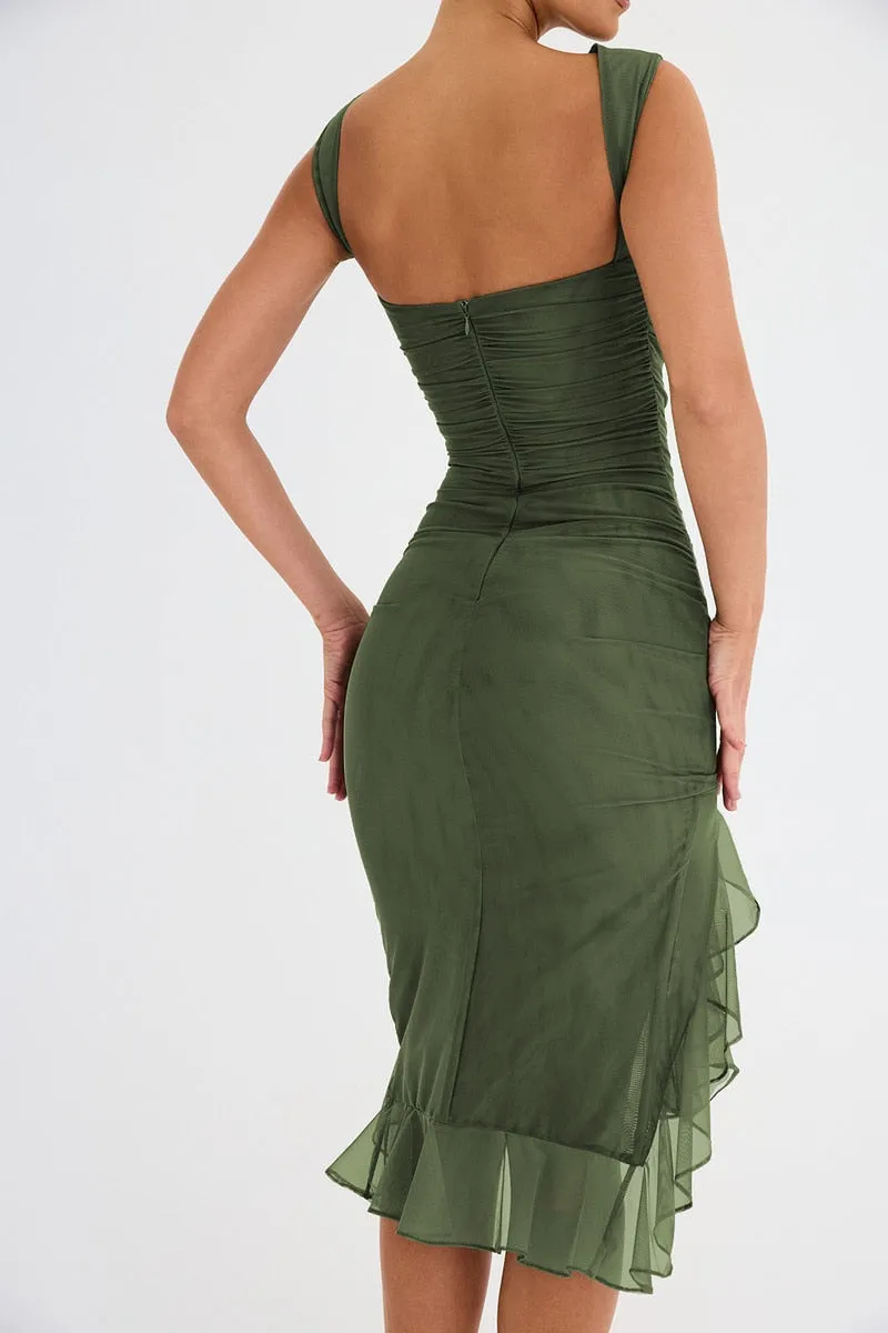 Mesh Ruffle Stylish Sleeveless Midi Dress