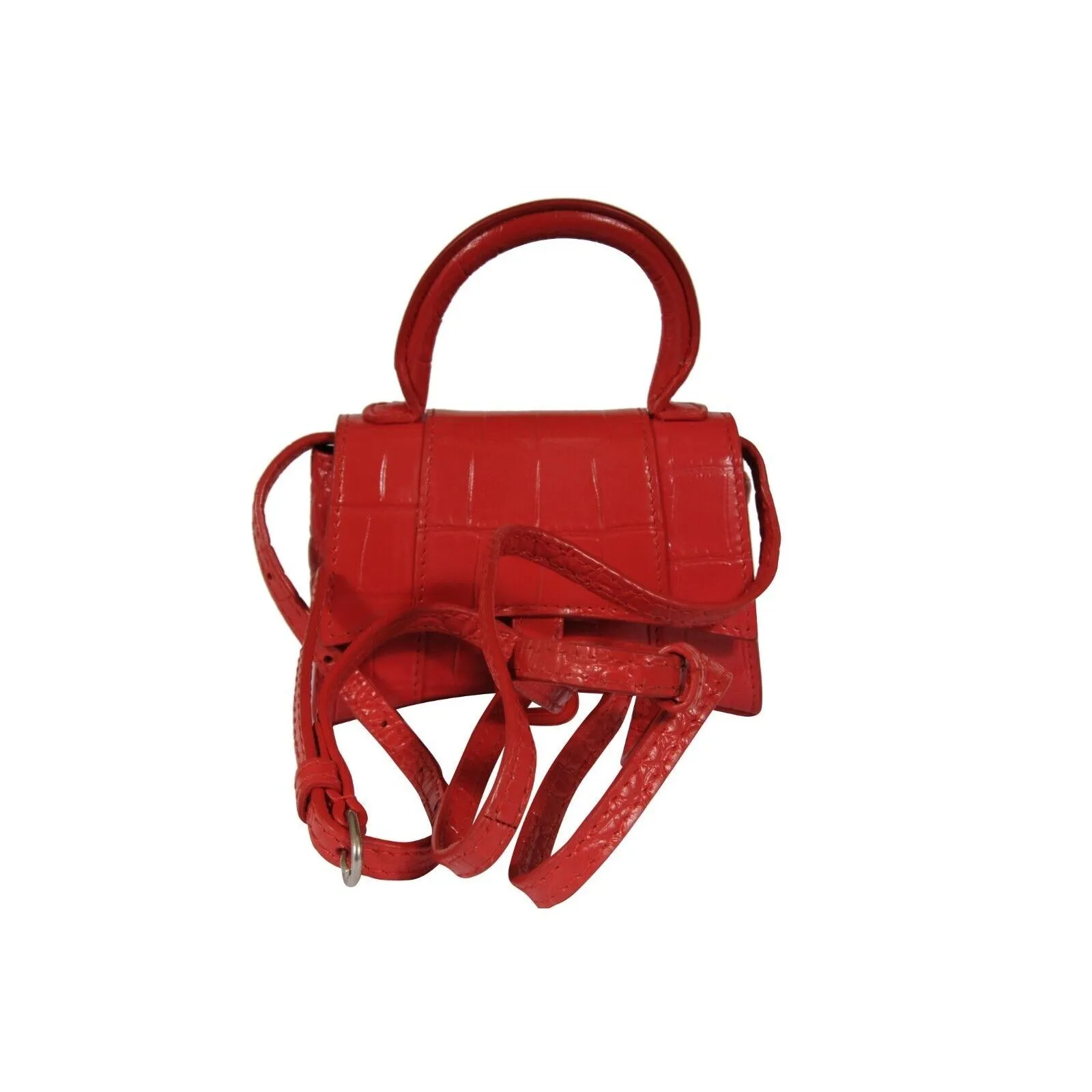 Mini Hourglasss XS Nano Bag Red Crocodile Embossed Leather Micro Handbag