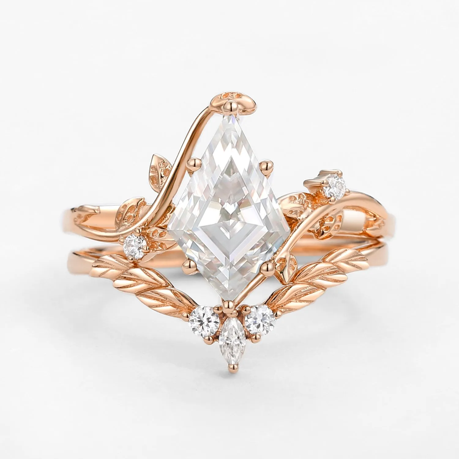 Moissanite Kite Cut Vine Engagement Ring Set 2pcs - Twigs