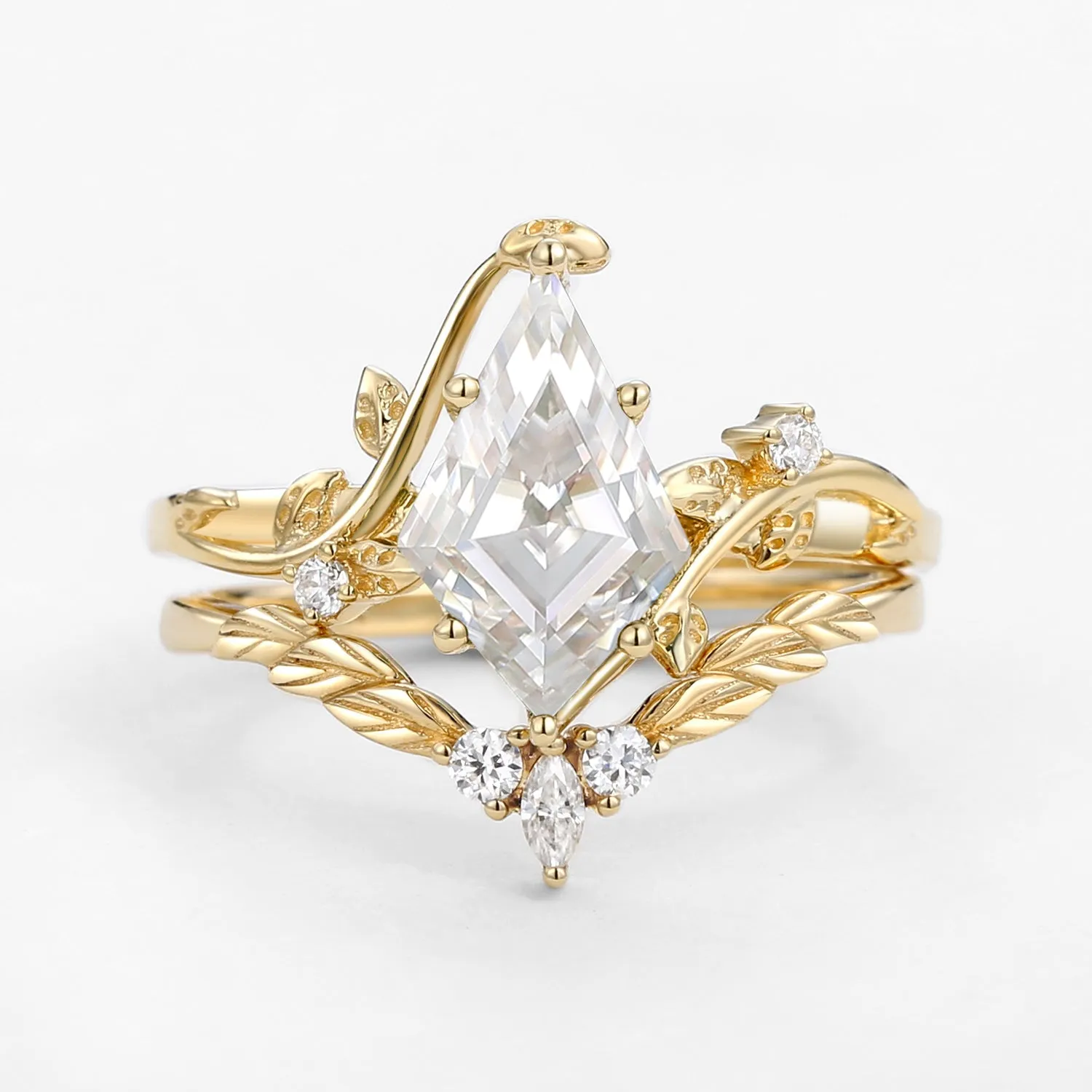 Moissanite Kite Cut Vine Engagement Ring Set 2pcs - Twigs