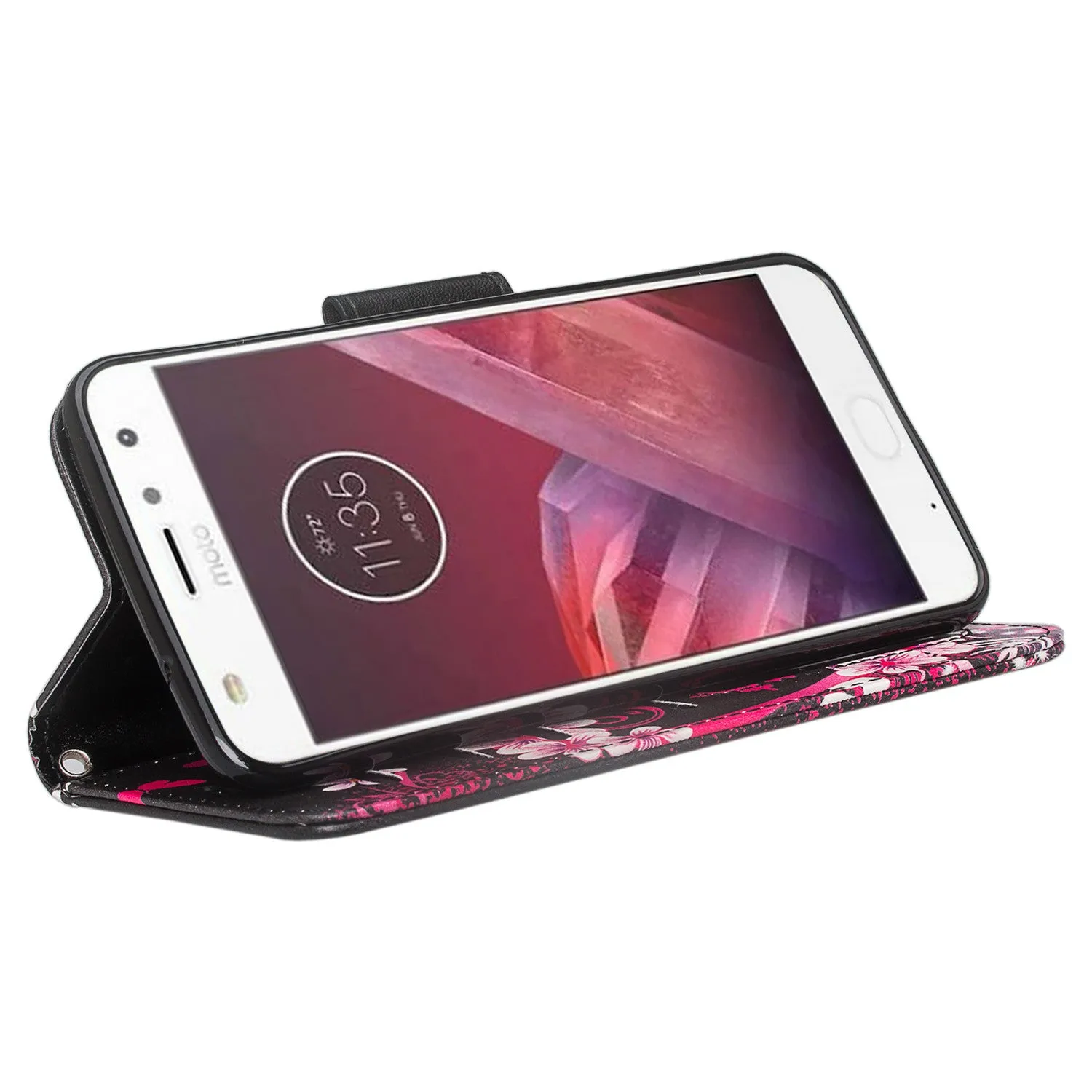 Motorola Moto Z2 Force Case, Moto Z2 Force Wallet Case, Slim Flip Folio [Kickstand] Pu Leather Wallet Case with ID & Card Slots & Pocket   Wrist Strap - Heart Butterflies
