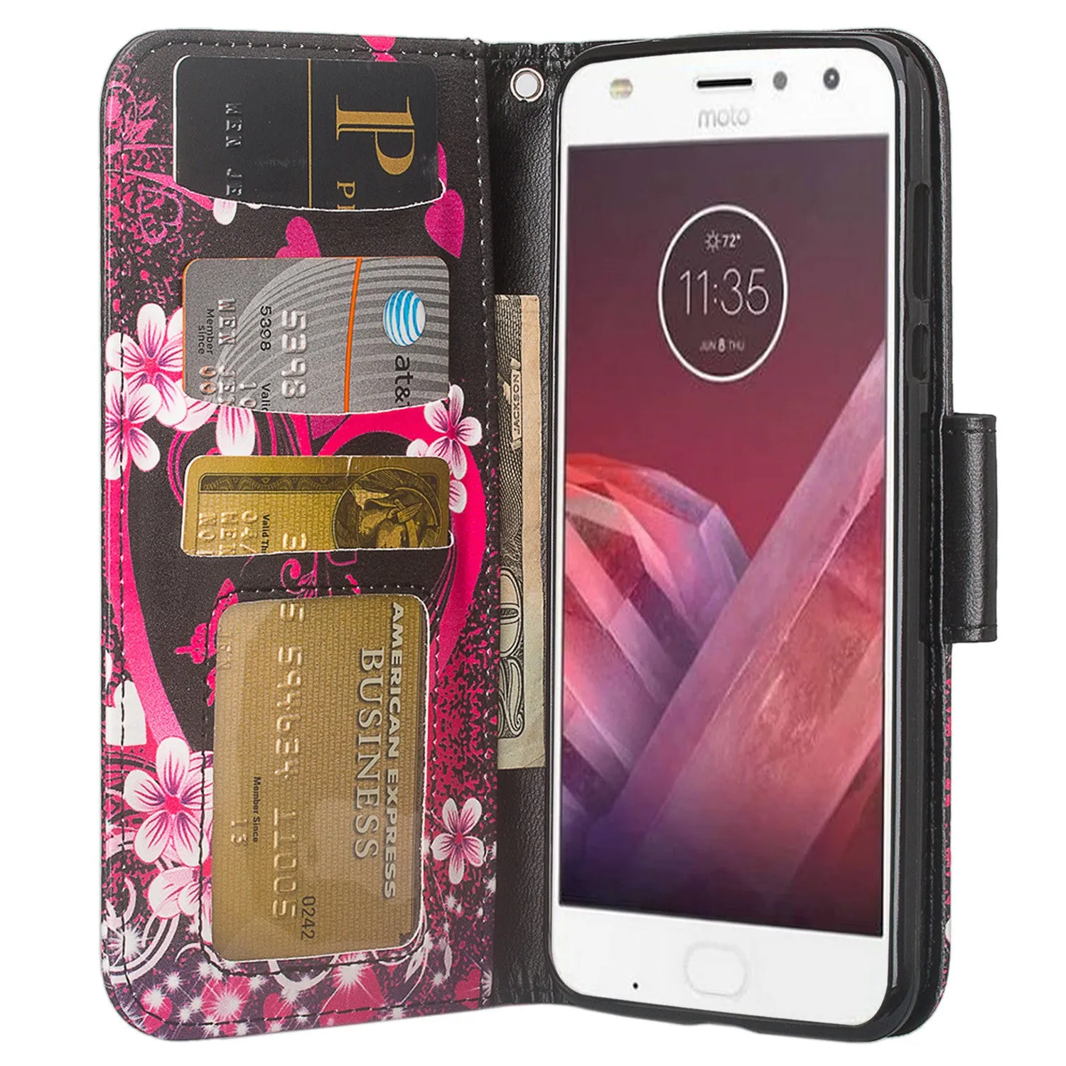 Motorola Moto Z2 Force Case, Moto Z2 Force Wallet Case, Slim Flip Folio [Kickstand] Pu Leather Wallet Case with ID & Card Slots & Pocket   Wrist Strap - Heart Butterflies