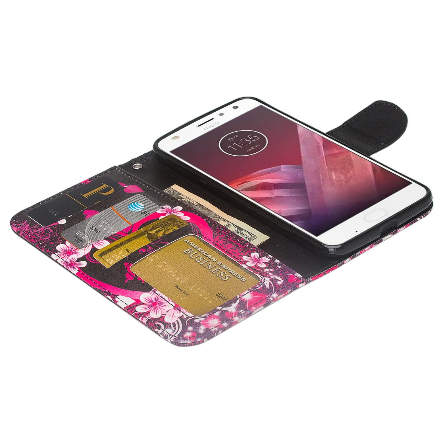Motorola Moto Z2 Force Case, Moto Z2 Force Wallet Case, Slim Flip Folio [Kickstand] Pu Leather Wallet Case with ID & Card Slots & Pocket   Wrist Strap - Heart Butterflies