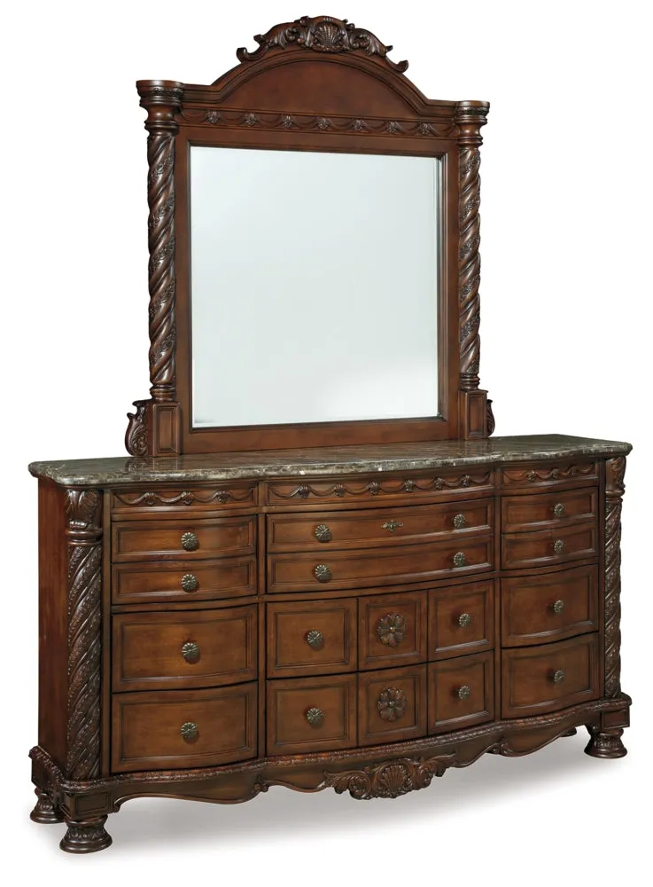 North Shore California King Sleigh Bed with Mirrored Dresser and 2 Nightstands