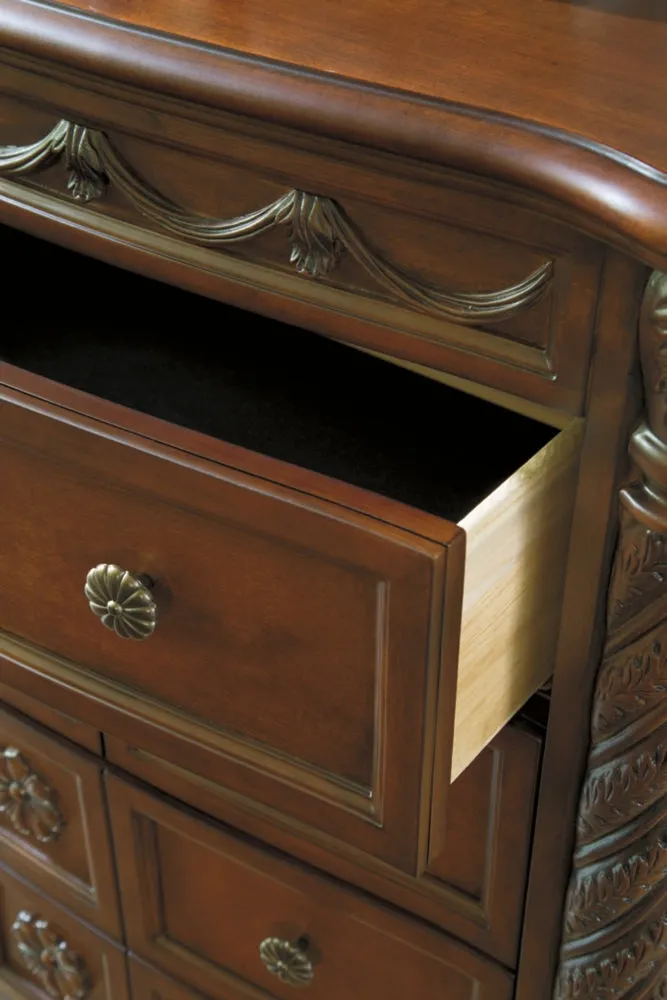 North Shore Queen Sleigh Bed with Mirrored Dresser, Chest and 2 Nightstands
