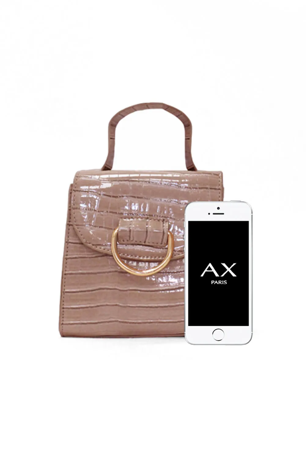 Nude Croc Mini Patent Bag With Gold Ring