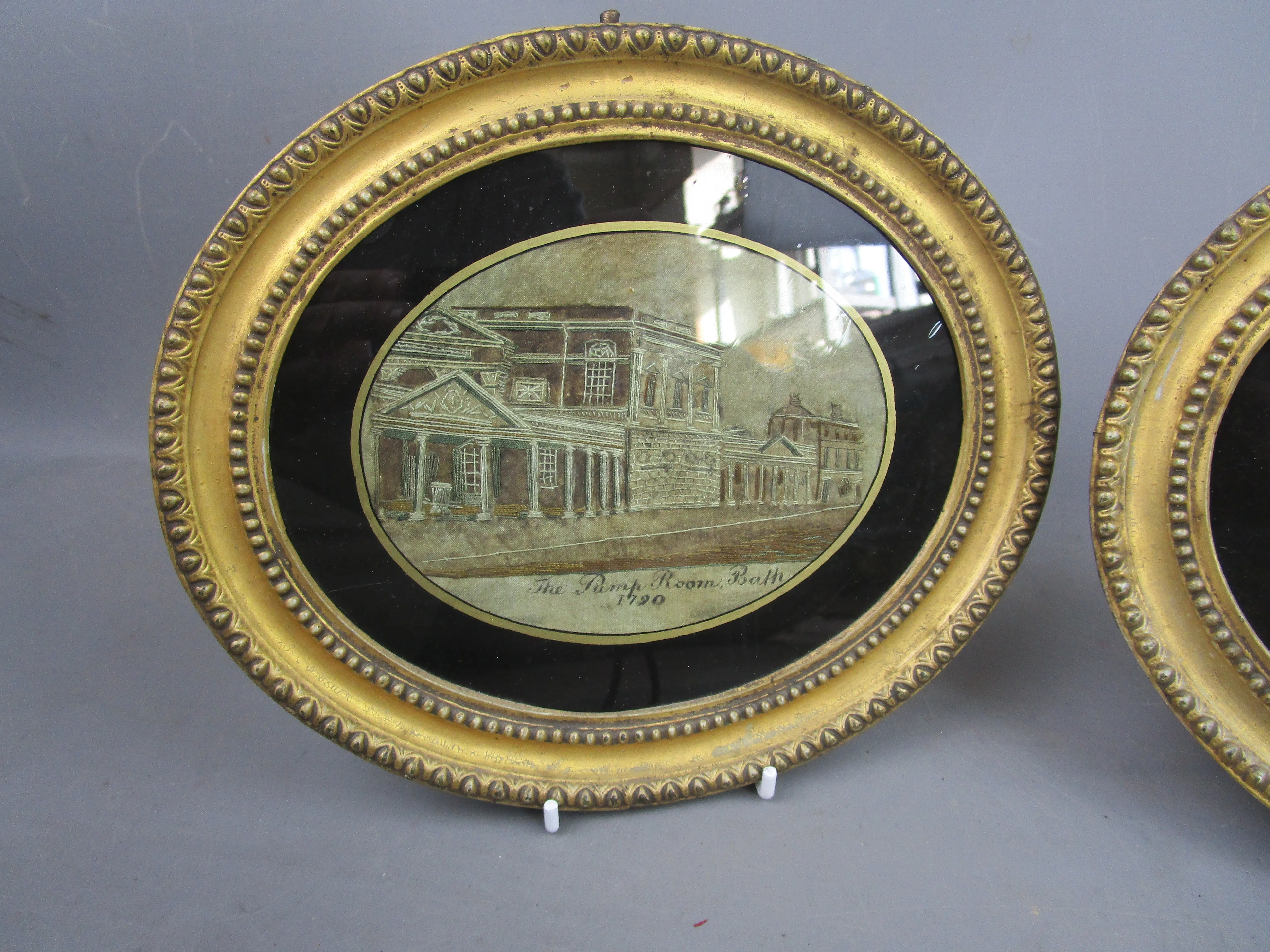 Pair Of Gold Framed Silk Needle Works Of Bath Pump Works & North Parade Building Antique Georgian c1790