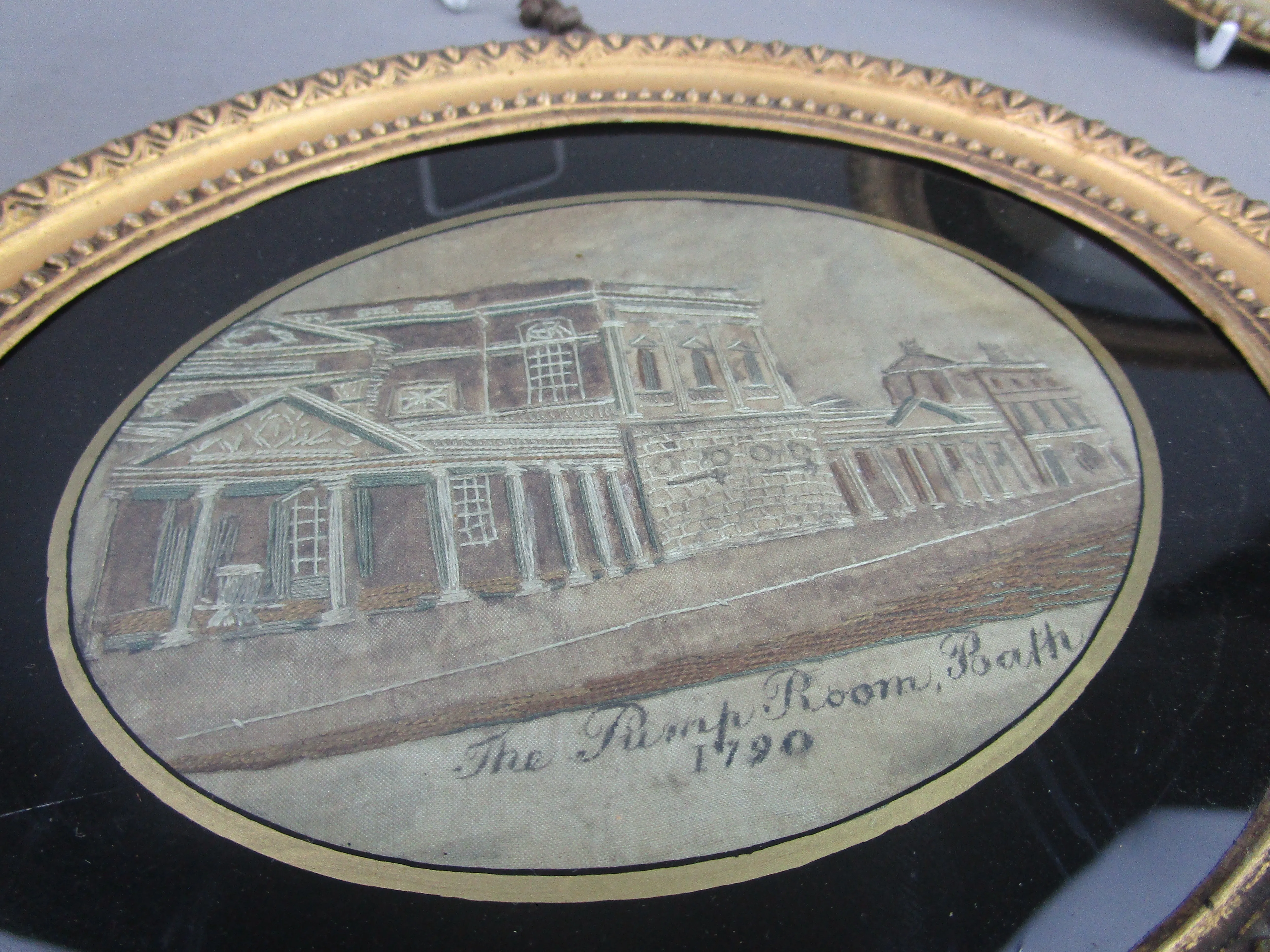 Pair Of Gold Framed Silk Needle Works Of Bath Pump Works & North Parade Building Antique Georgian c1790