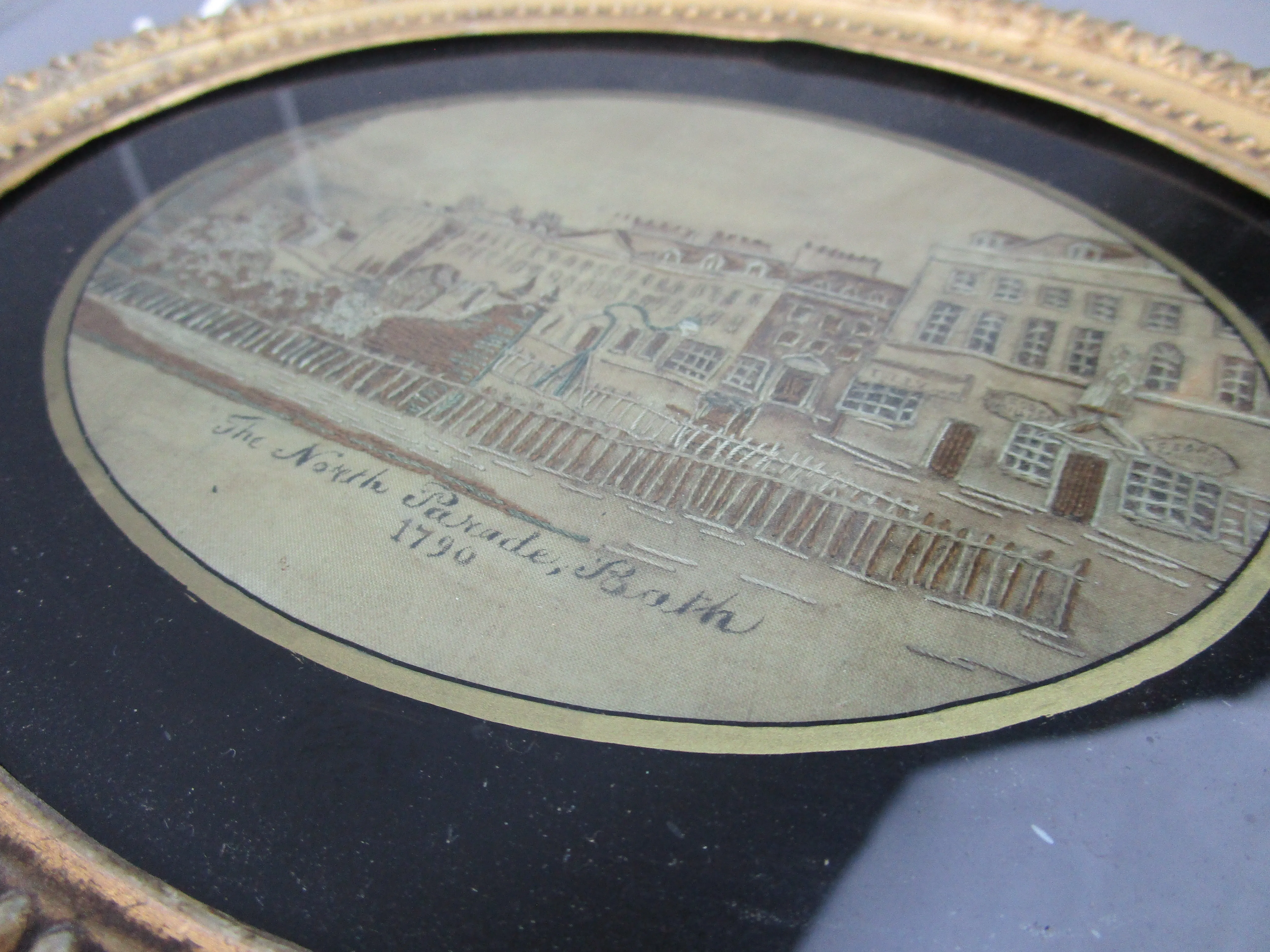 Pair Of Gold Framed Silk Needle Works Of Bath Pump Works & North Parade Building Antique Georgian c1790