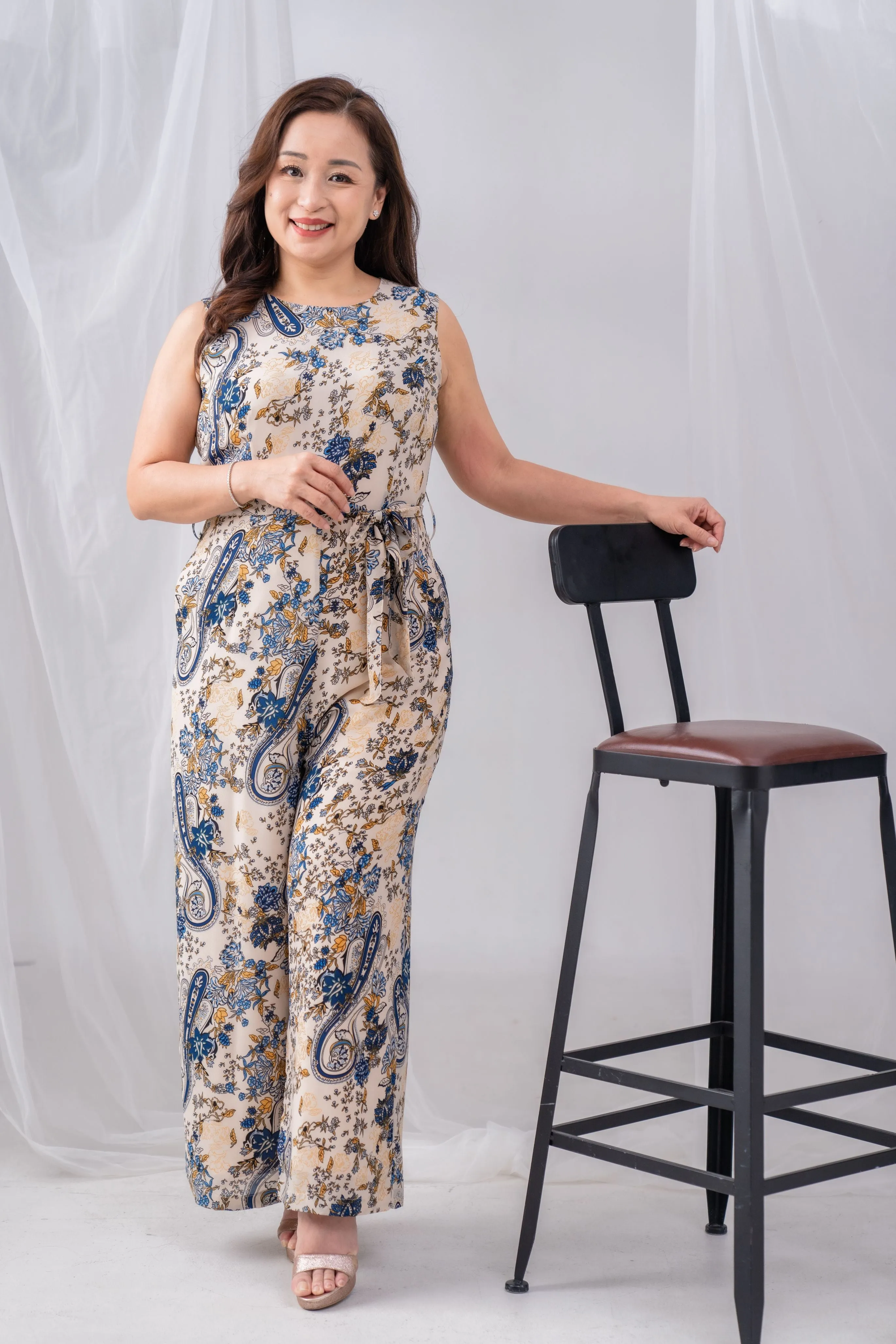 Paisley Chiffon Jumpsuit with Sash