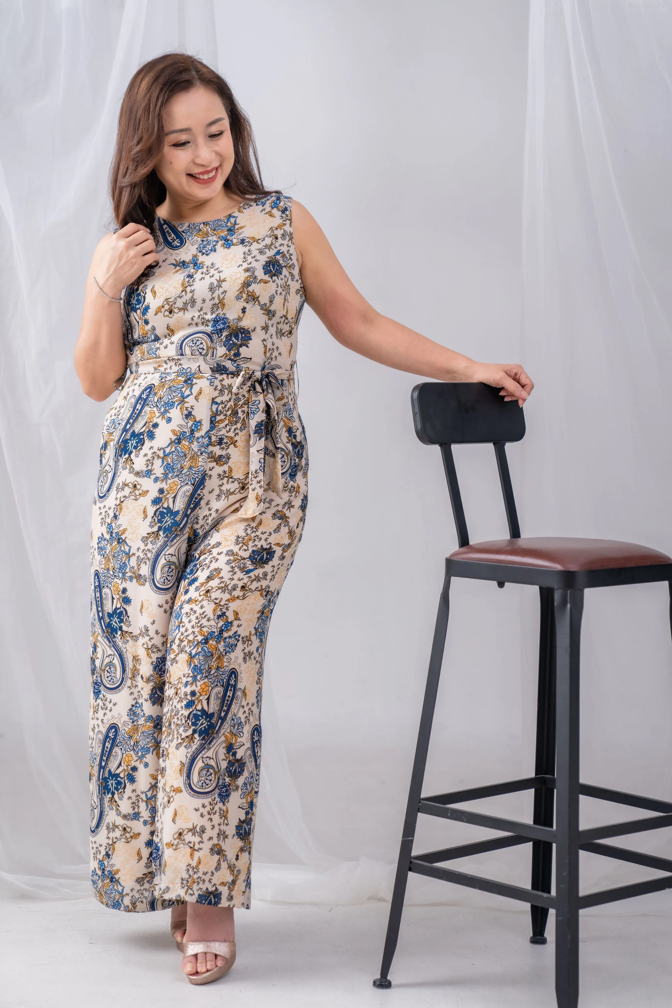 Paisley Chiffon Jumpsuit with Sash