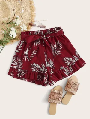 Paperbag Waist Ruffle Hem Self Belted Shorts
