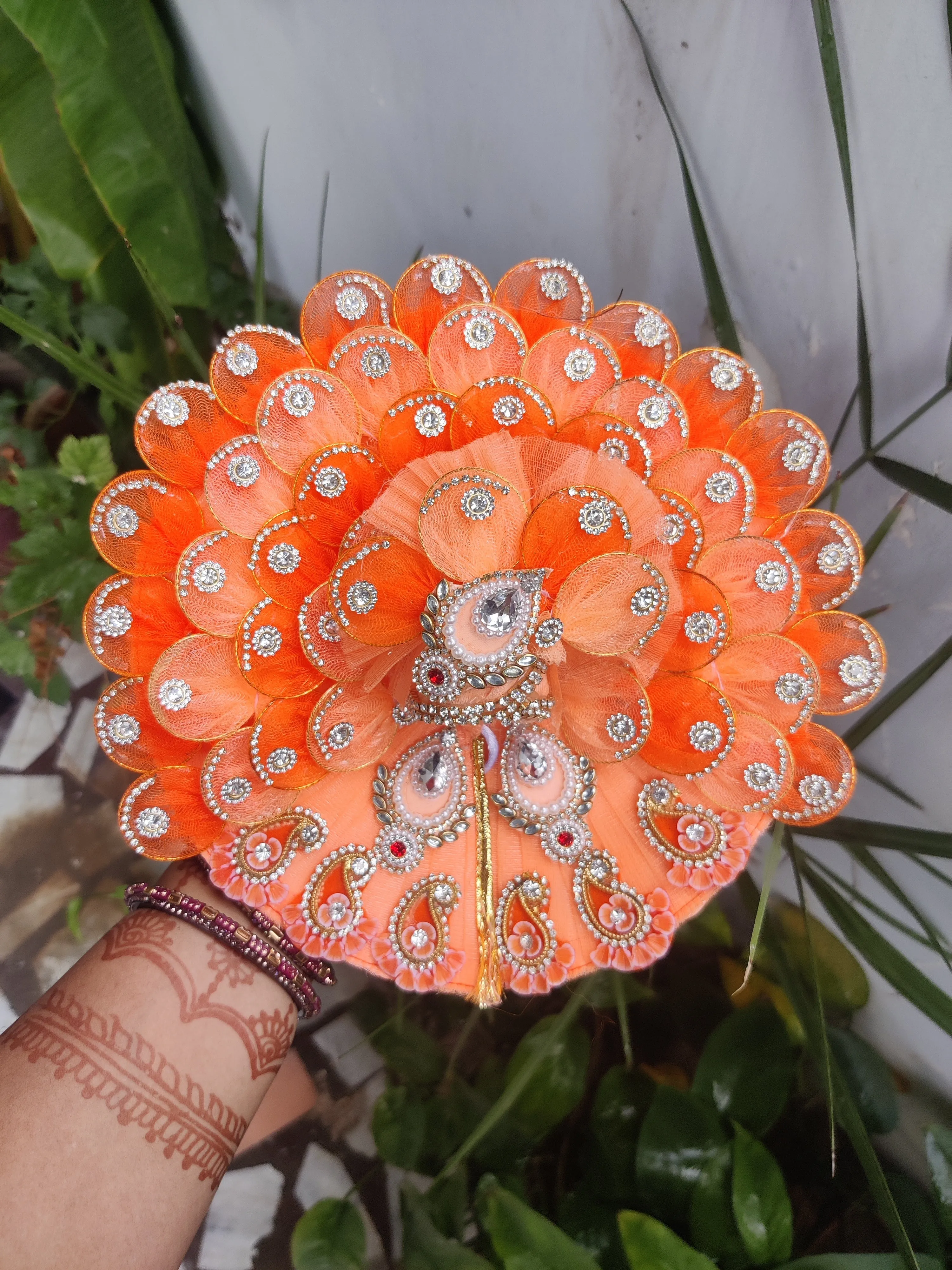 Peach ring leaf design heavy laddu gopal dress with pagdi and choli
