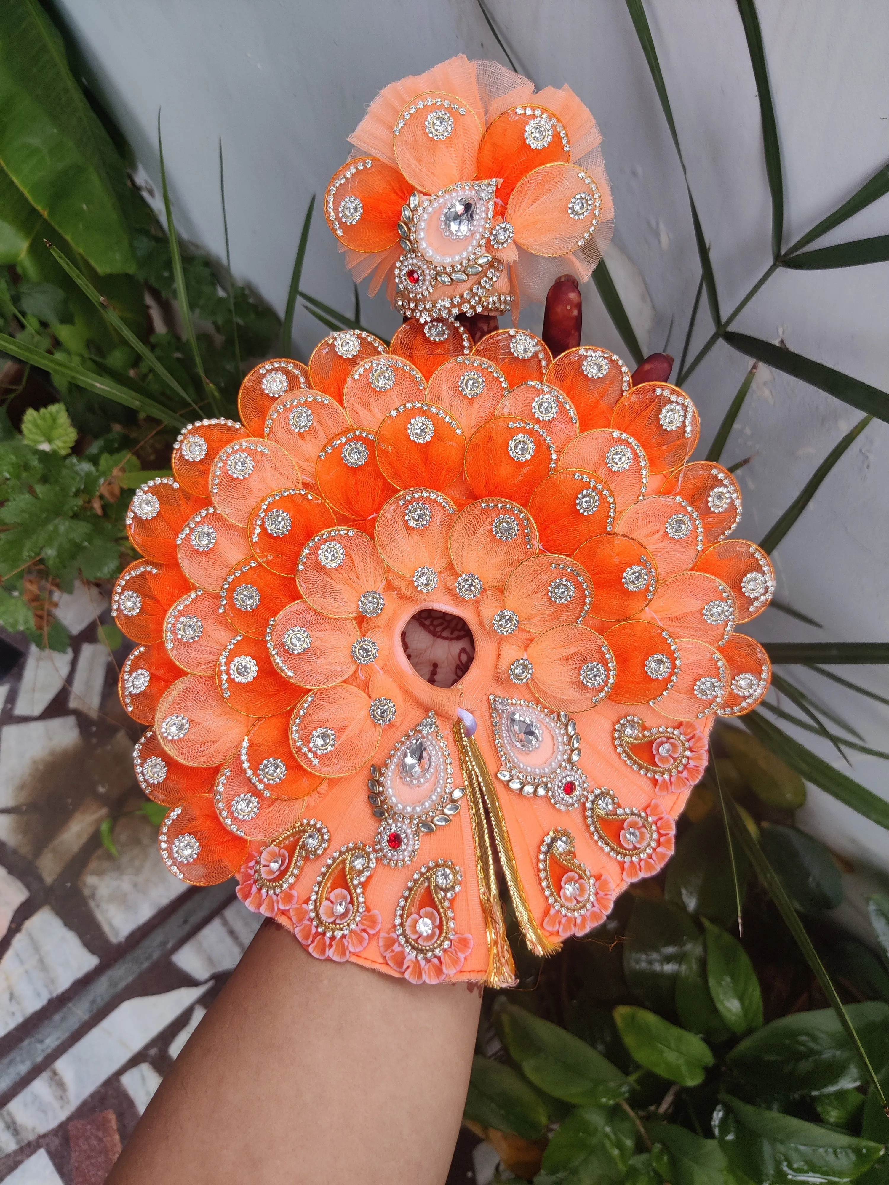 Peach ring leaf design heavy laddu gopal dress with pagdi and choli