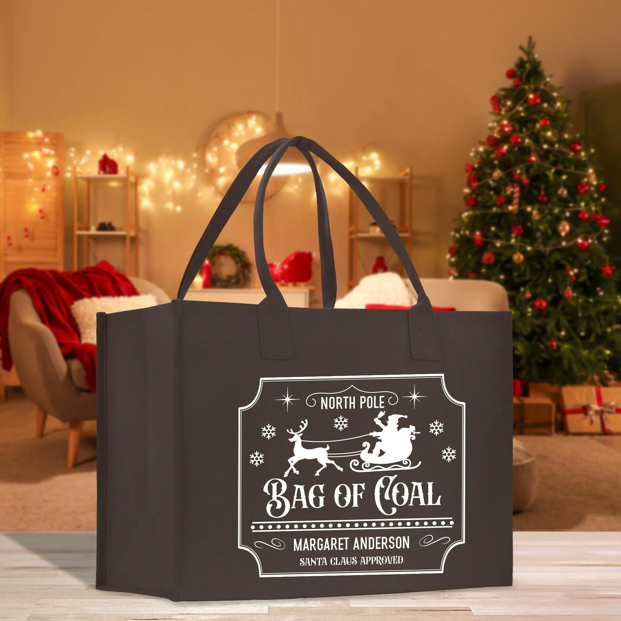 Personalized Name Christmas Cotton Canvas Large Tote Bag Custom Merry Christmas Gift Bag Xmas Party Bag Xmas Eve Gift Holiday Gift (CT1028)