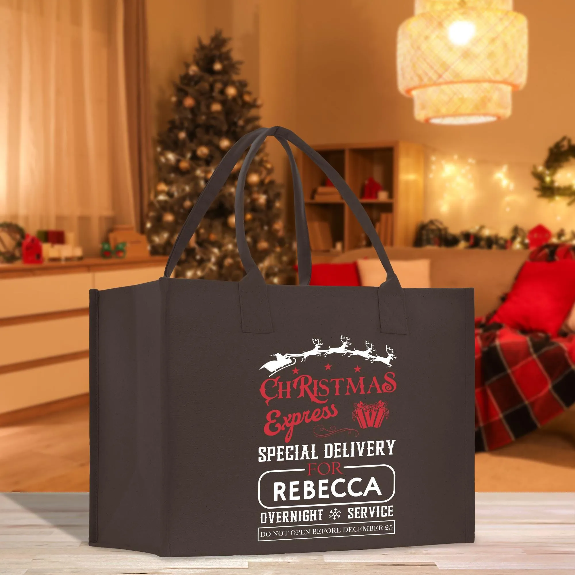 Personalized Name Christmas Cotton Canvas Large Tote Bag Custom Merry Christmas Gift Bag Xmas Party Bag Xmas Eve Gift Holiday Gift (CT1068)