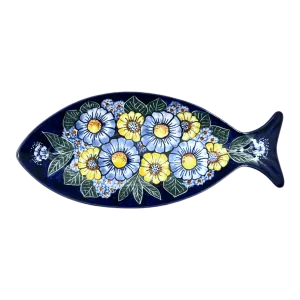 Plate, Fish-Shaped, 14.5" x 6.5", WR (WR13O) in "Cobalt Blossoms" by W.R. Ceramika | WR13O-AB5