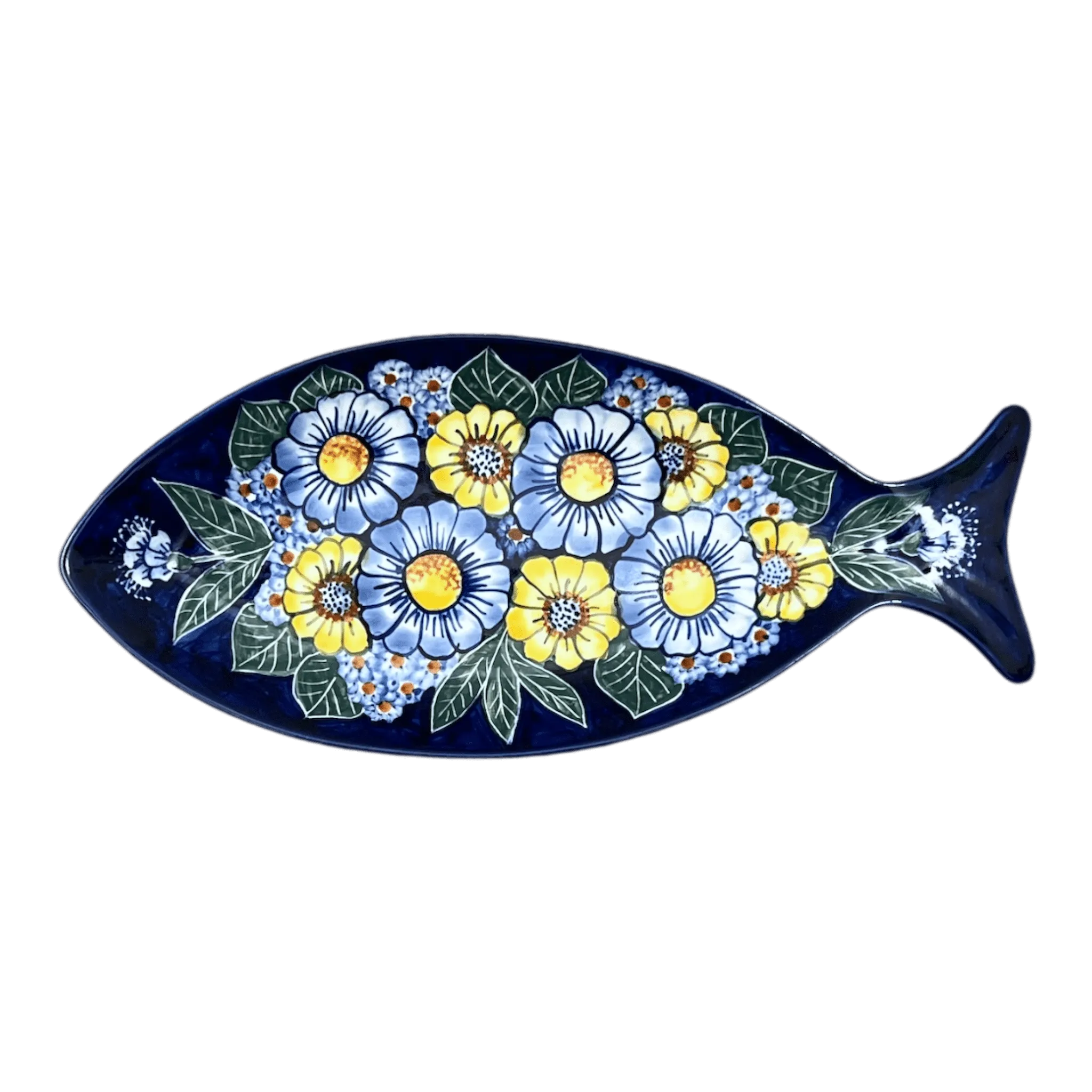 Plate, Fish-Shaped, 14.5" x 6.5", WR (WR13O) in "Cobalt Blossoms" by W.R. Ceramika | WR13O-AB5